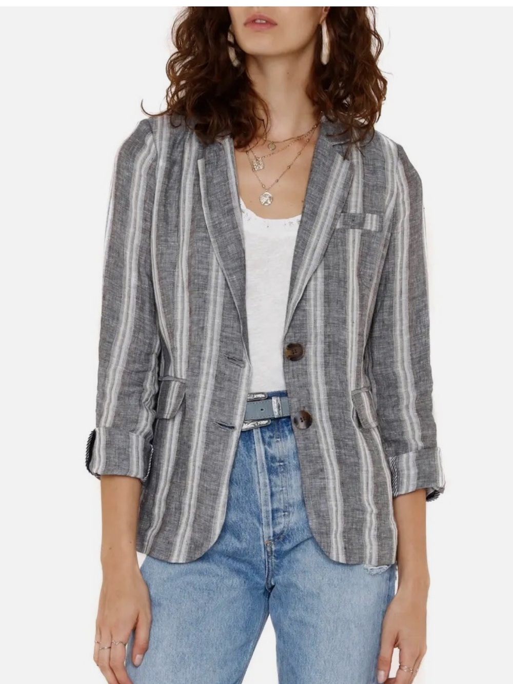 Heartloom Blazer - 100% linen gray striped button front “Adelaide”